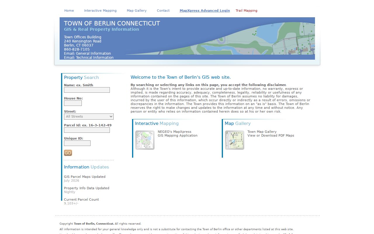 Berlin residents directory MapXpress assessor search fields for owner, house number, street, parcel ID, and unique ID
