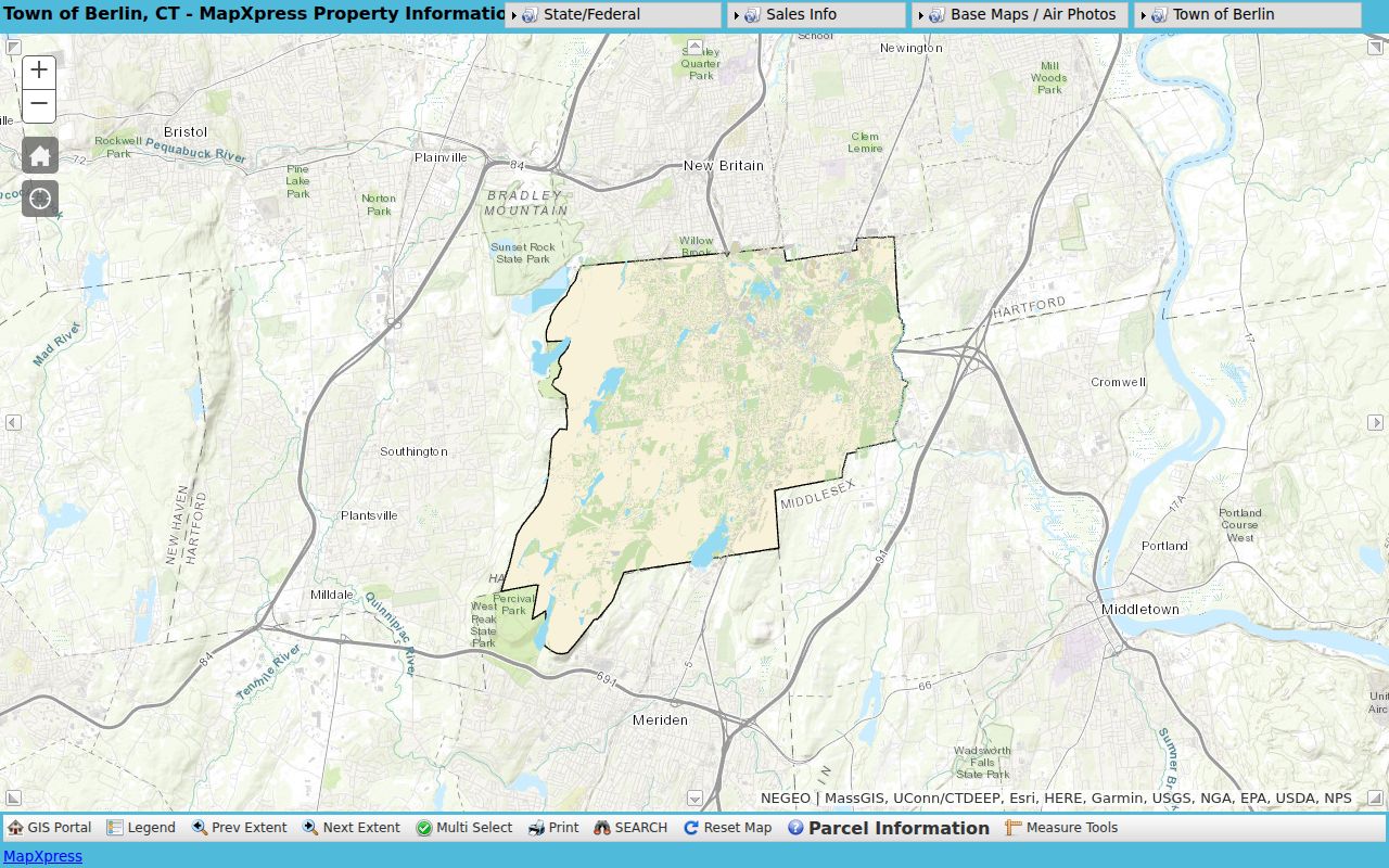 Berlin neighbors GIS parcel viewer showing parcel information, adjacent map area, layers, print, and measure controls