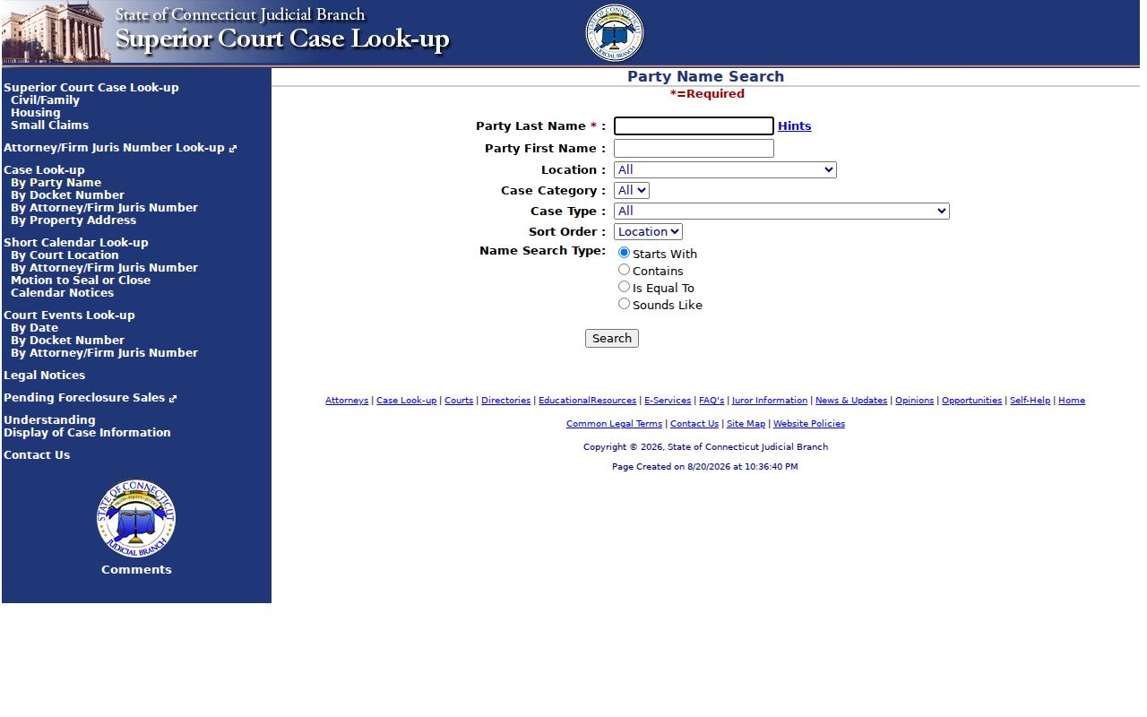 Berlin residents directory Connecticut Judicial Branch civil party search fields and New Britain location option