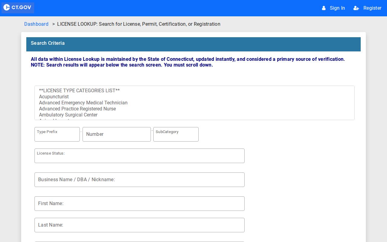 Berlin resident records Connecticut eLicense search fields for credential, name, address, status, city, and ZIP