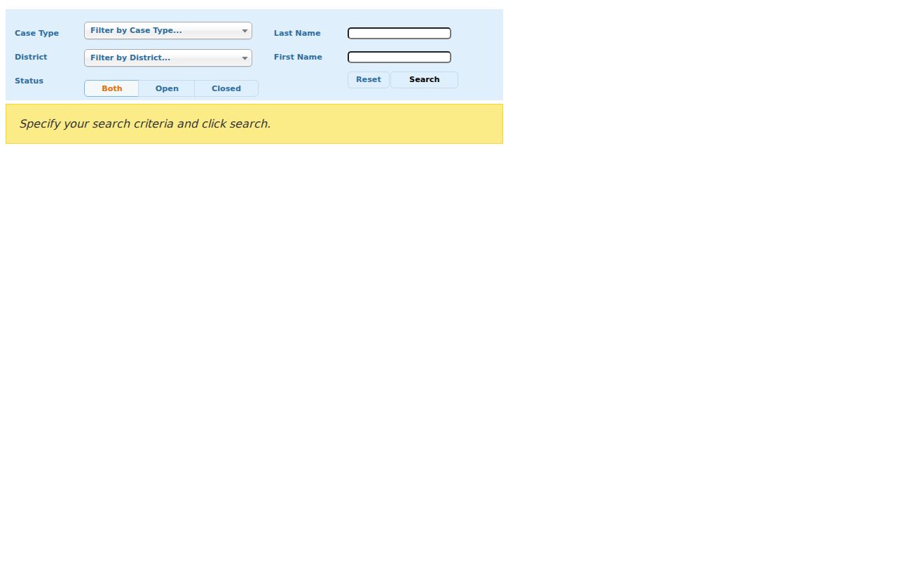 Berlin resident records Connecticut Probate case lookup fields for district, case type, status, and party name